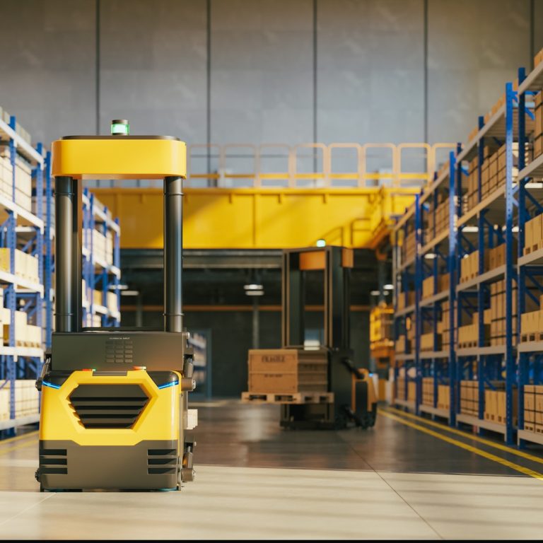 Autonomous mobile robot operating inside modern warehouse with high storage racks and stacked cardboard boxes. Industrial logistics- 3D rendering