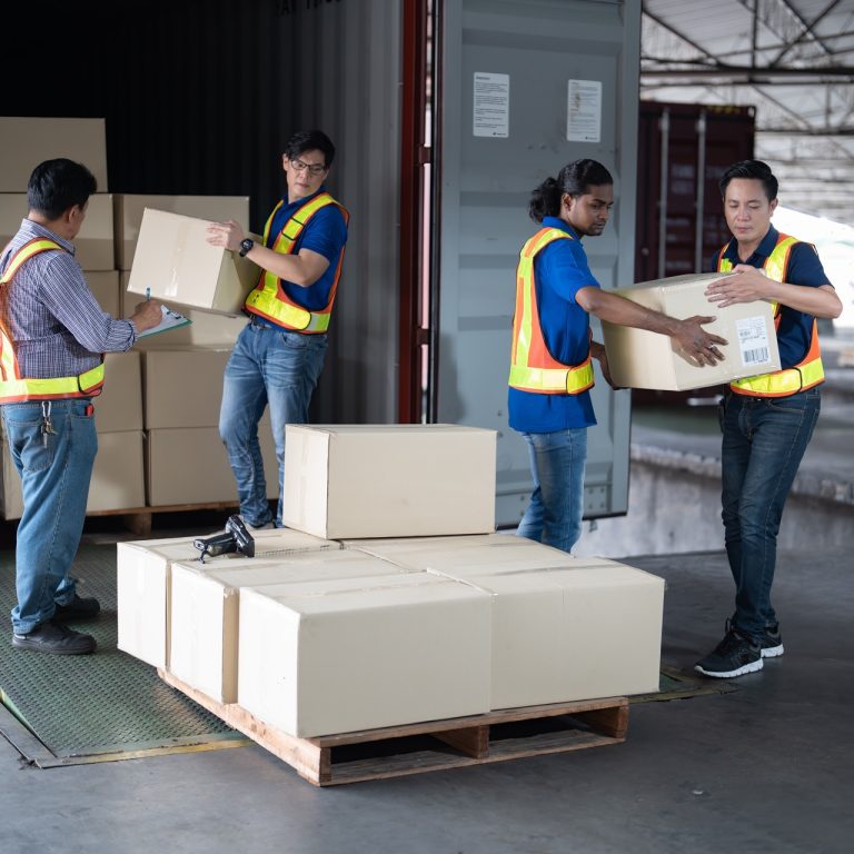 Workers open steel 40 feet container doors carry box supervisor standing check paper checklist